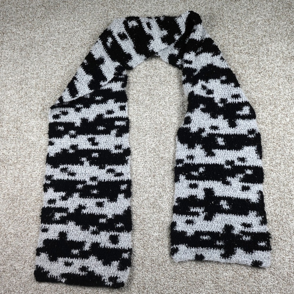 Handmade Crochet Scarfโ Black Grey Abstract Boucle Fuzzy Winter Wrap 70 Inch